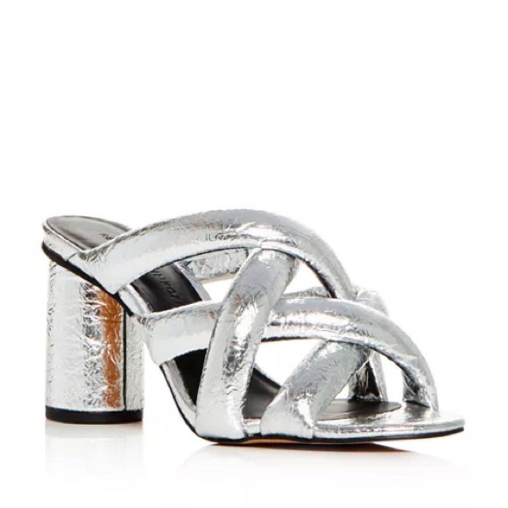 Rebecca Minkoff Amandine High-Heel Slide Sandals in Metallic Silver 7